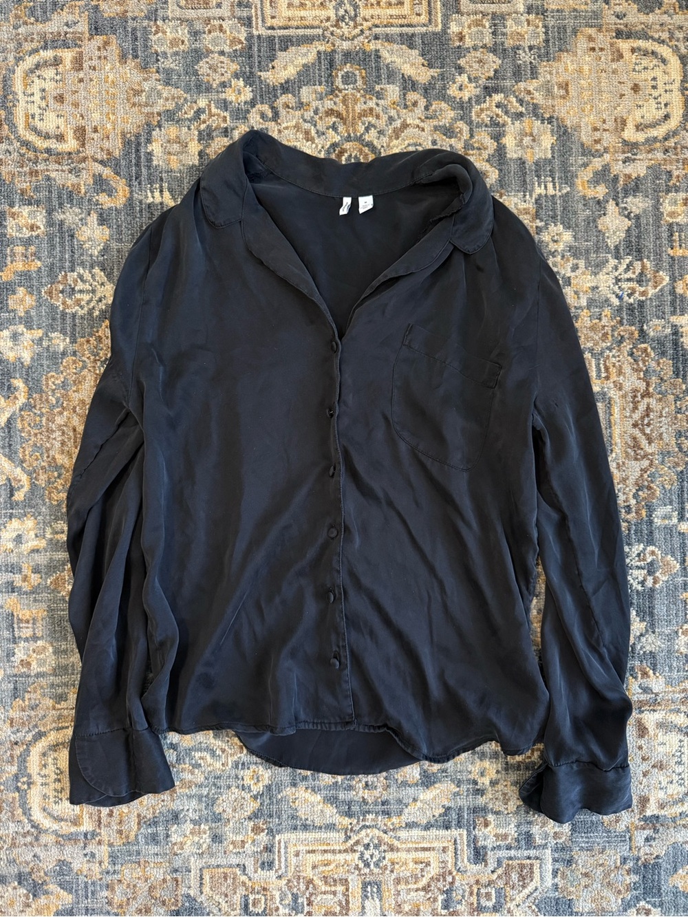 100% Silk Nordstrom Black Button-Down Shirt with Chest Pocket